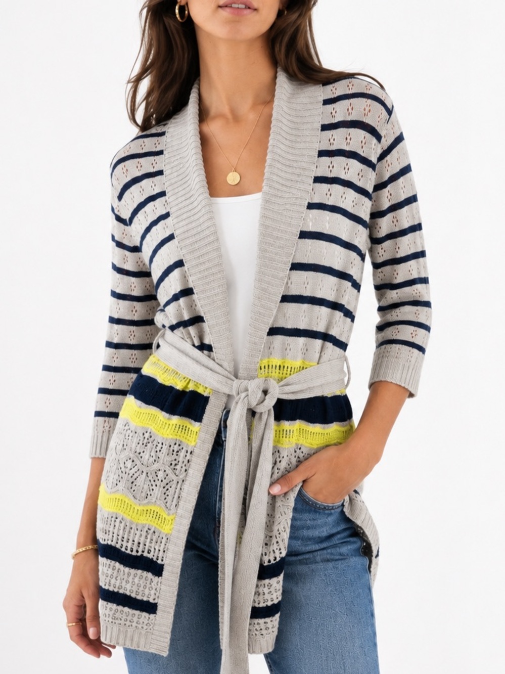 The Limited Striped Tie Waist Cardigan Sweater Medium Preppy Minimalist Chic
